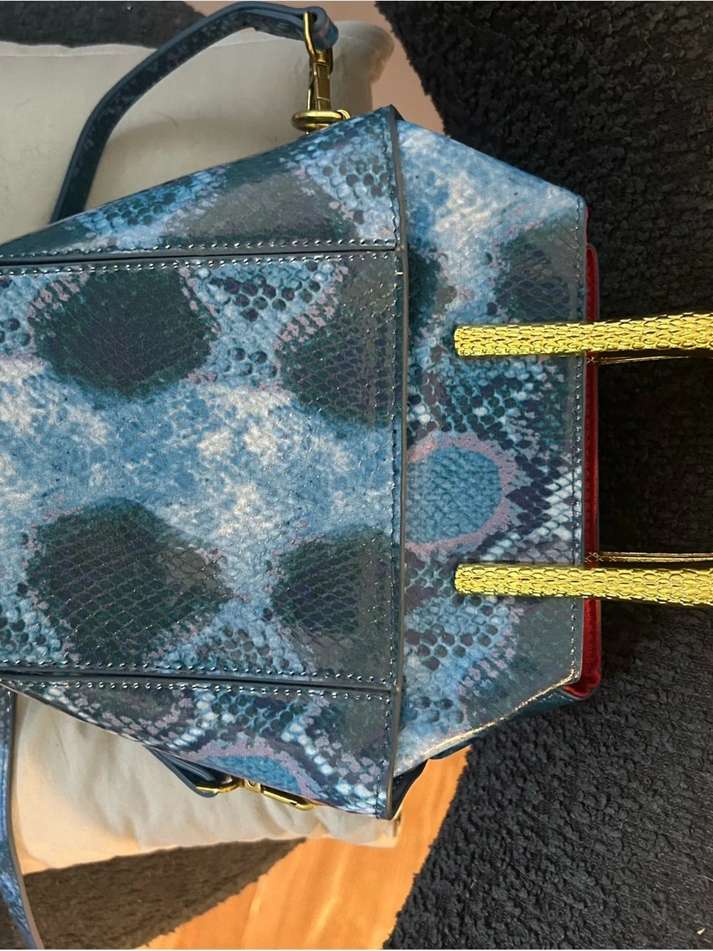 Rare Sharif Blue Snake-Print Top Handle Bag with Gold Snake Accent
